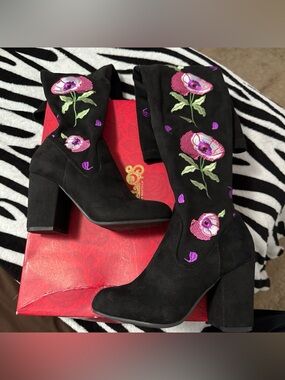 Embroidered Black Suede Knee-High Boots with Pink and Purple Floral Detail